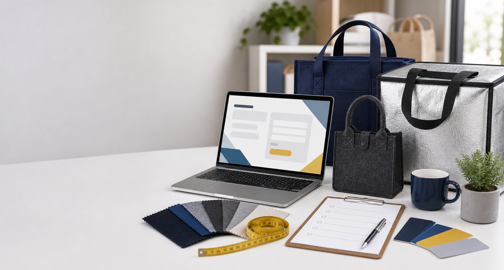 SunnyOrbit custom order planning setup with laptop, materials, and bag samples