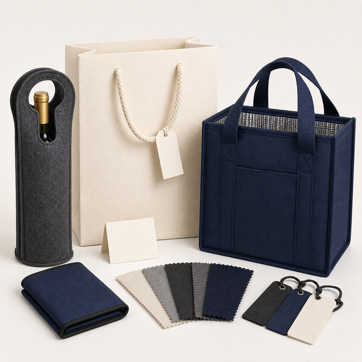 Custom order planning materials and bag samples on a desk
