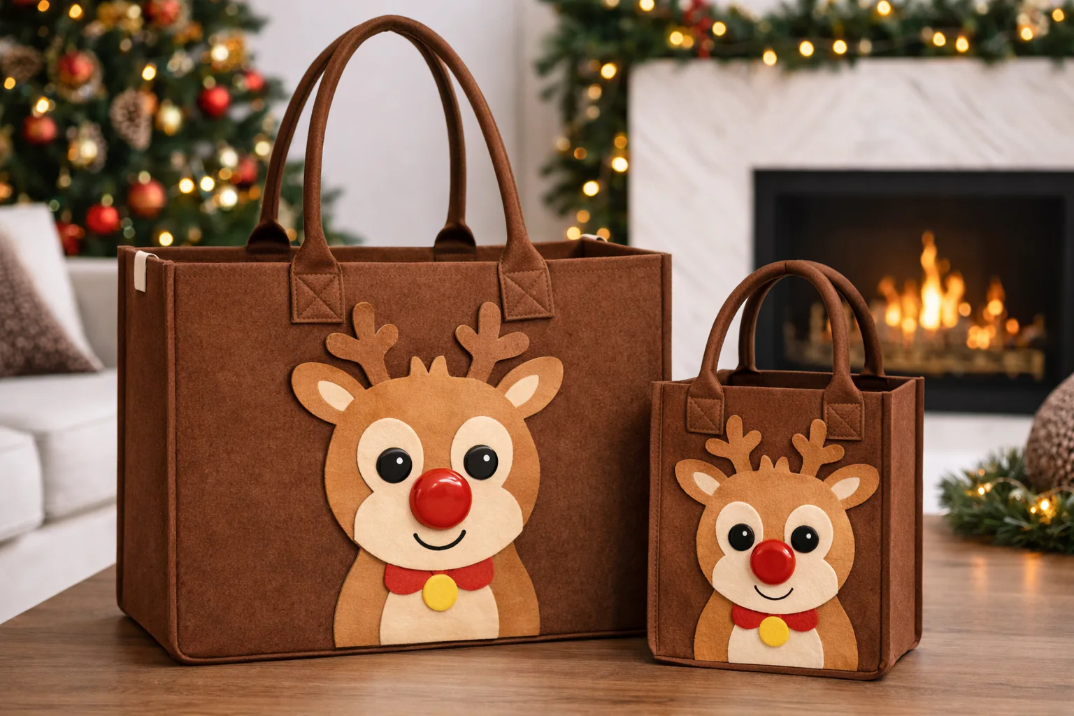 Brown felt Christmas tote with reindeer appliqué — large and small