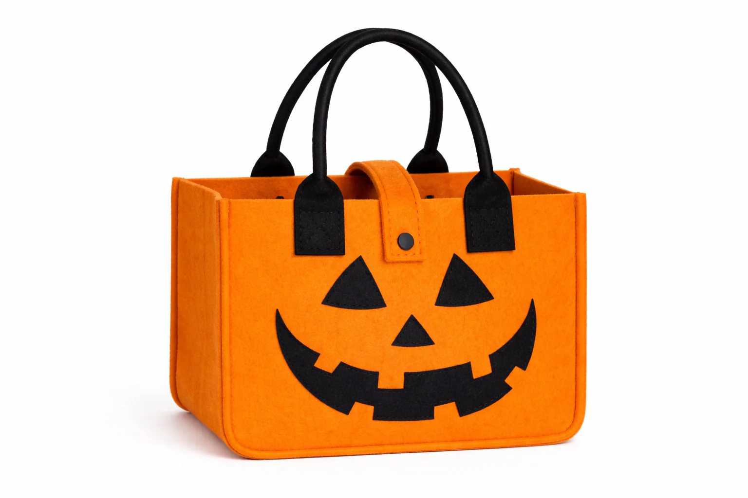 Orange felt Halloween tote with classic jack-o'-lantern face