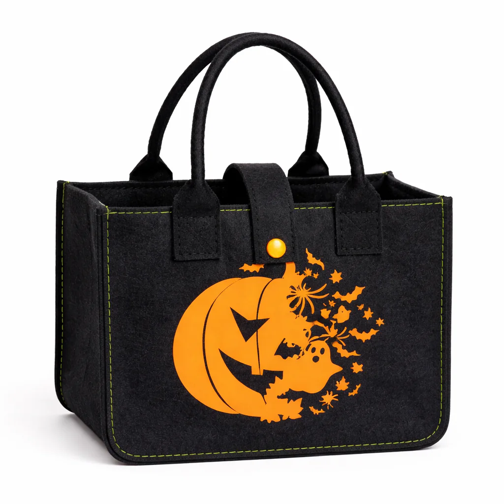 Black felt Halloween tote with orange jack-o'-lantern, ghost, and bats print