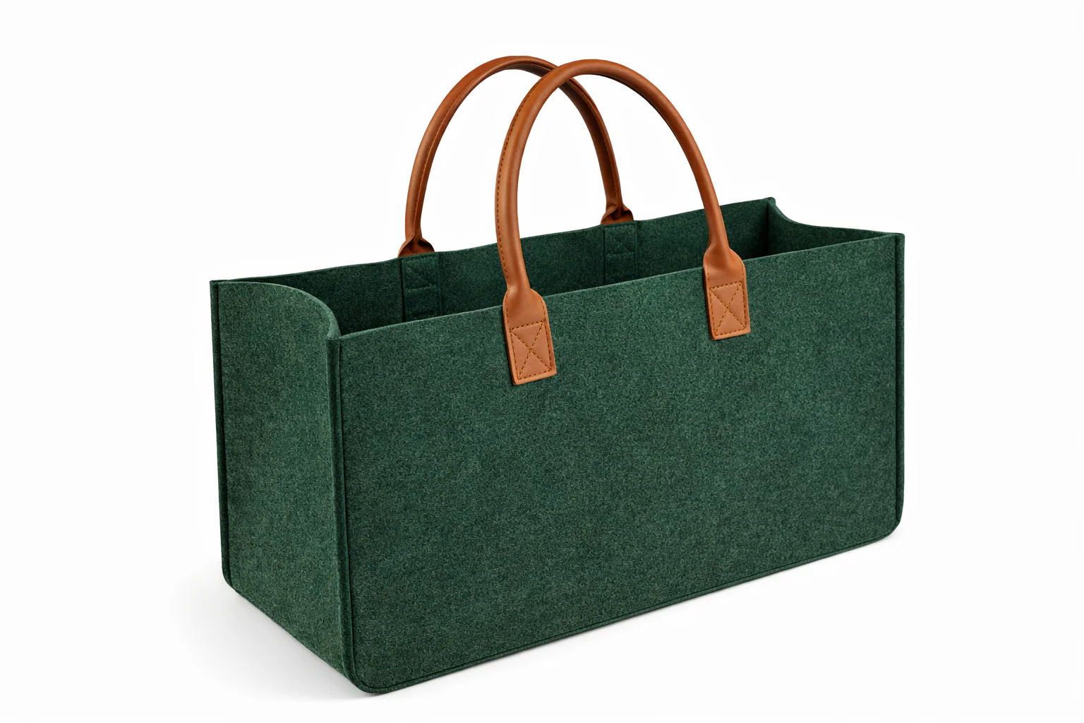 Long forest-green felt log carrier with PU leather handles