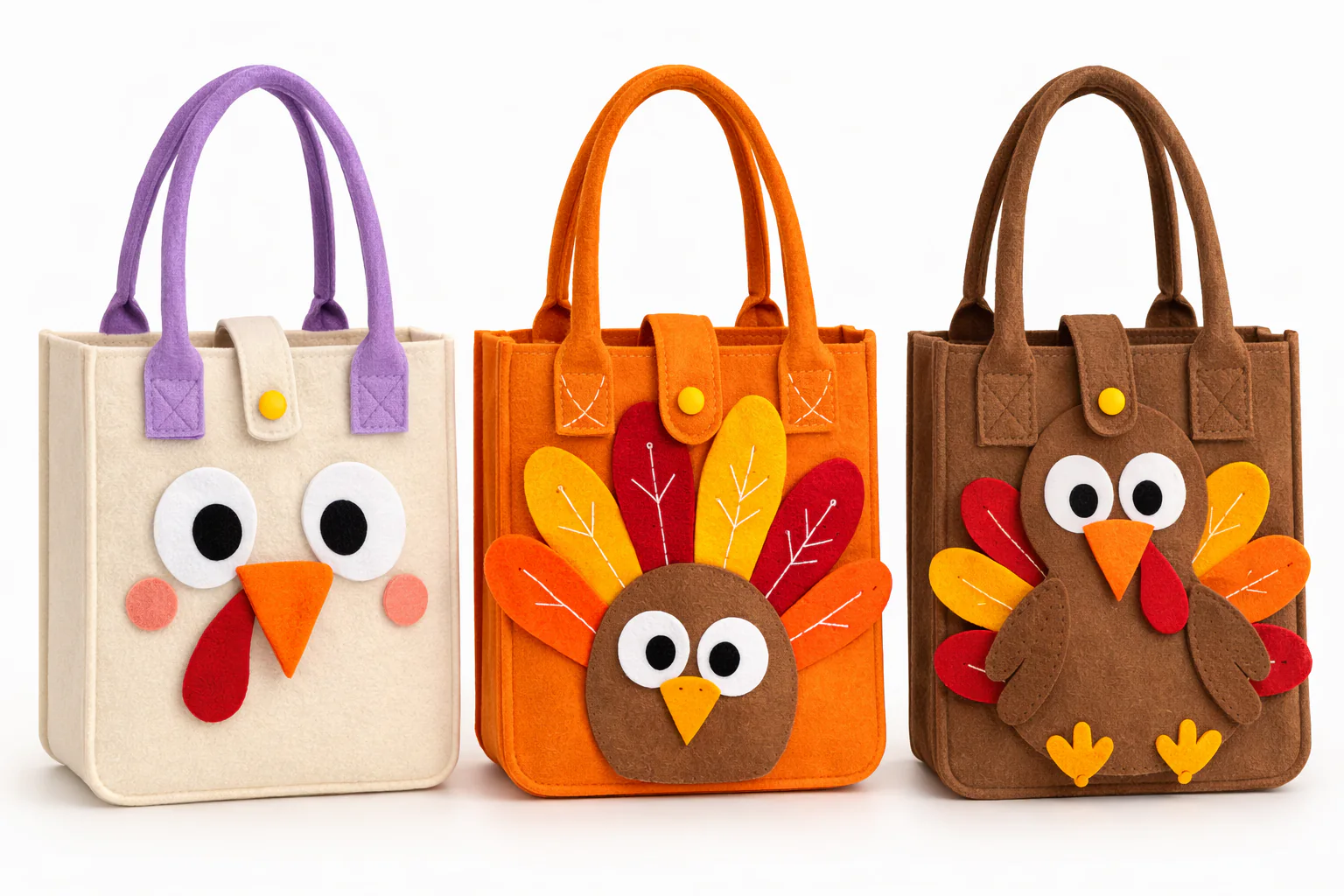 Three Thanksgiving felt totes — cream chick face, orange and brown turkey designs