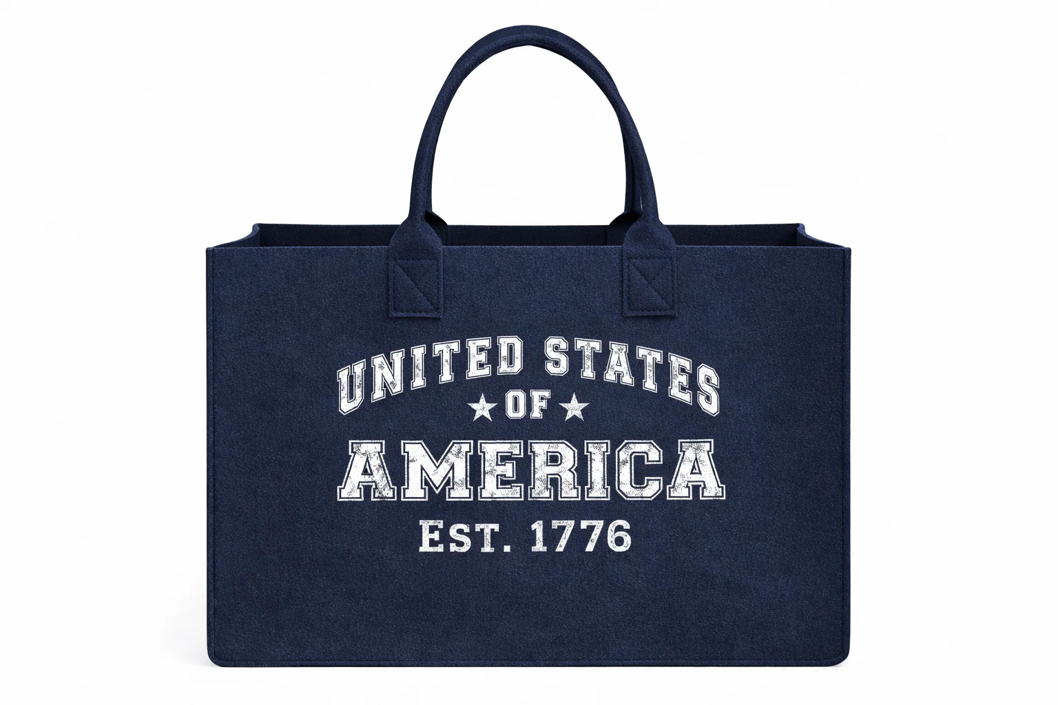 Navy felt tote with collegiate United States of America print