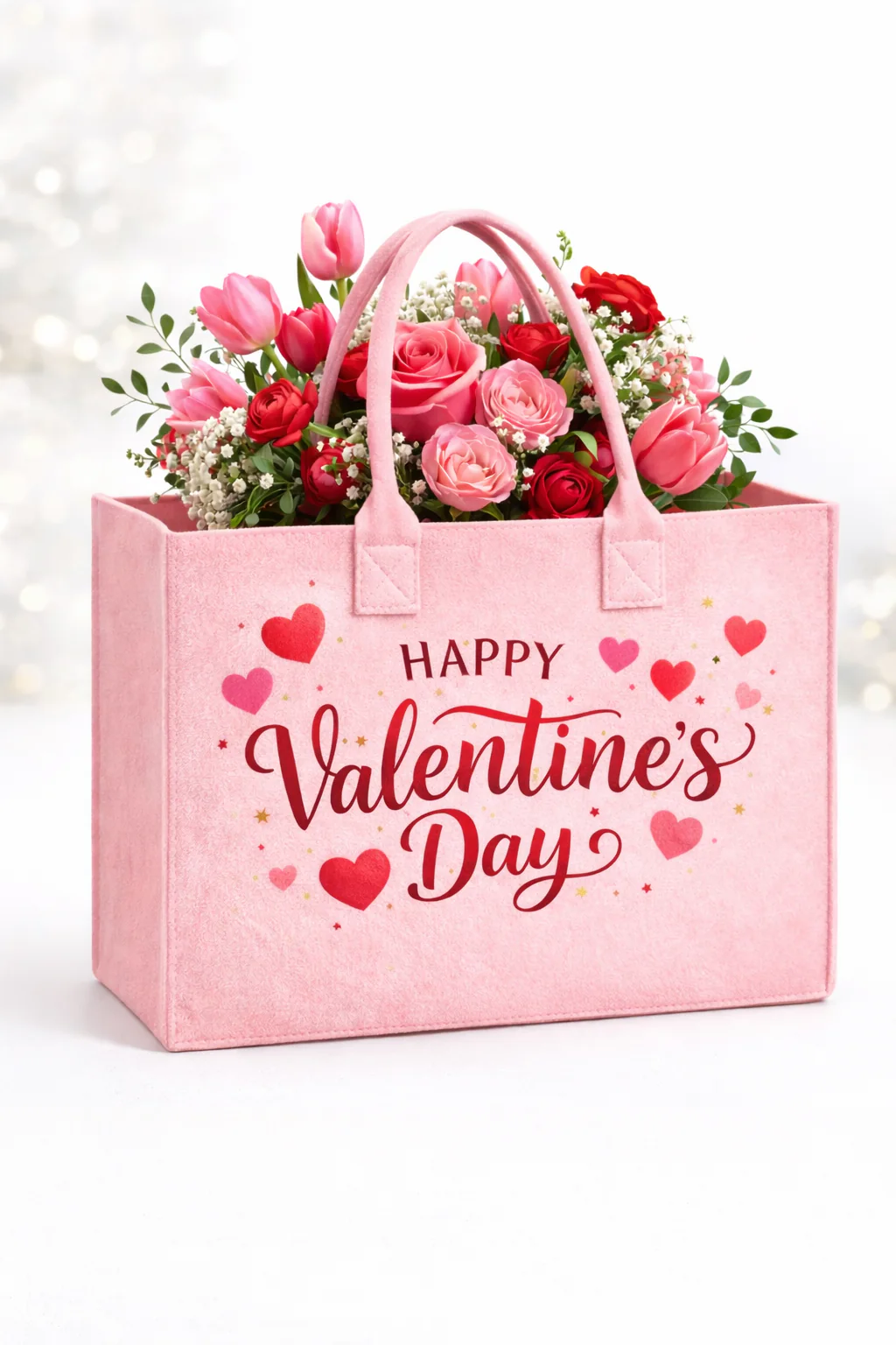 Pink Valentine's felt tote with bouquet