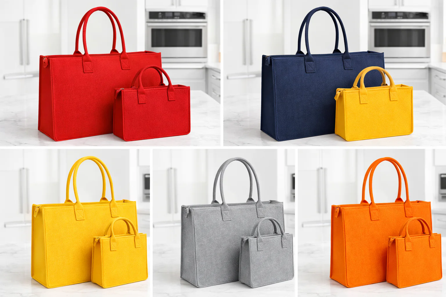 Felt totes with optional zip-top in red, navy, yellow, gray, and orange — small and large pairs
