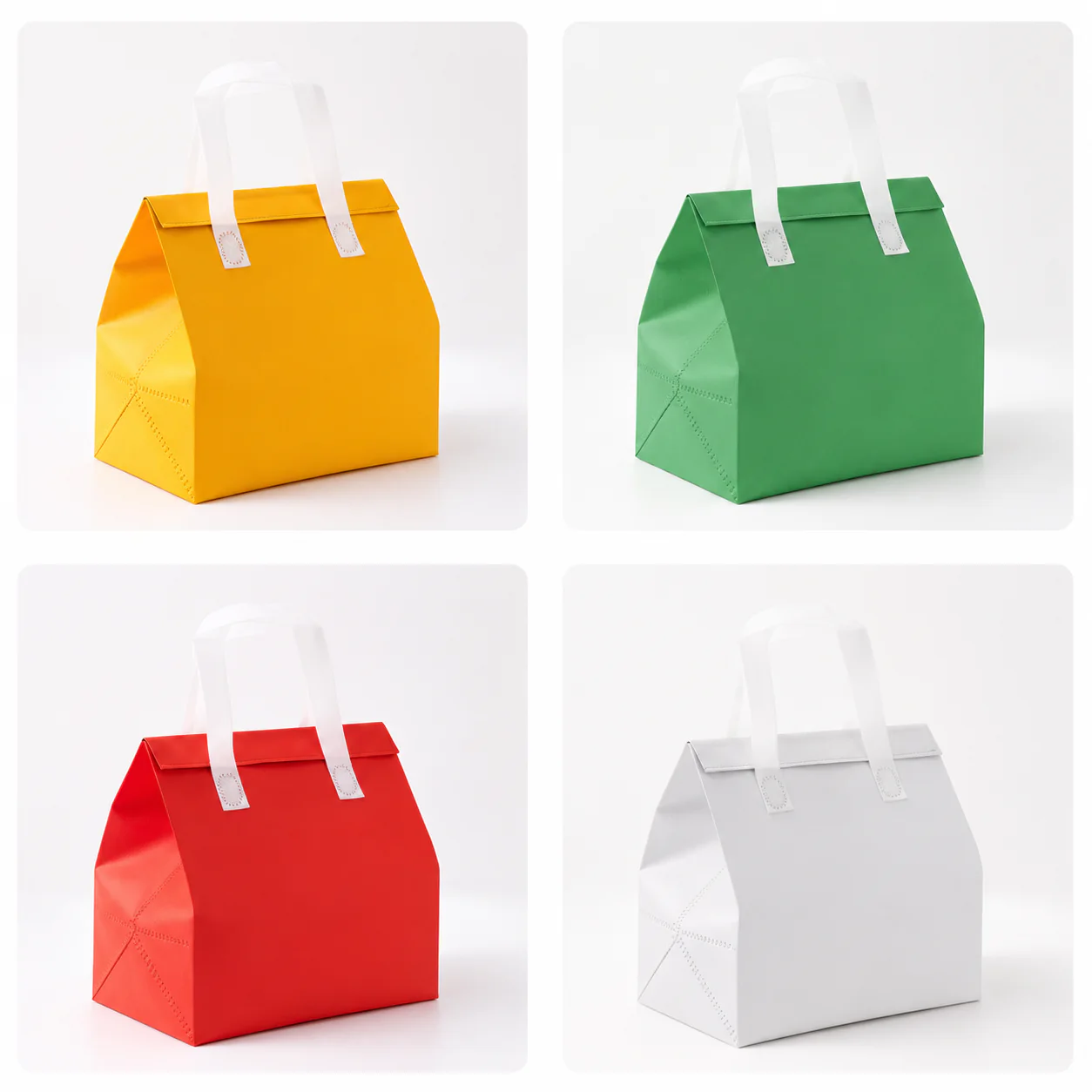 Takeout insulated bags shown in yellow, green, red, and white colorways